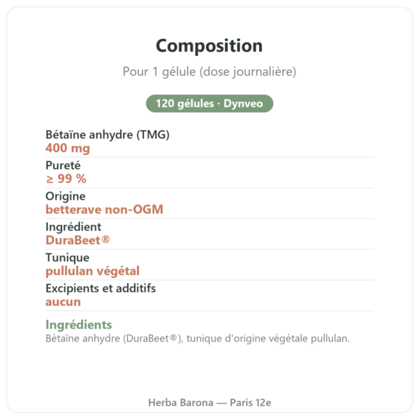 TMG Trimethylglycine Dynveo 400 mg 120 gelules composition valeurs nutritionnelles Paris Herba Barona
