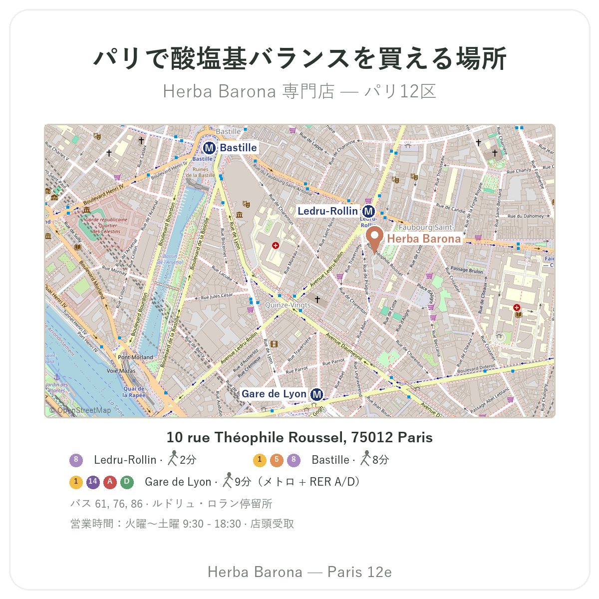 パリで酸塩基バランスサポート商品を見つける-店舗案内図 Herba Barona パリ12区 メトロLedru-Rollin