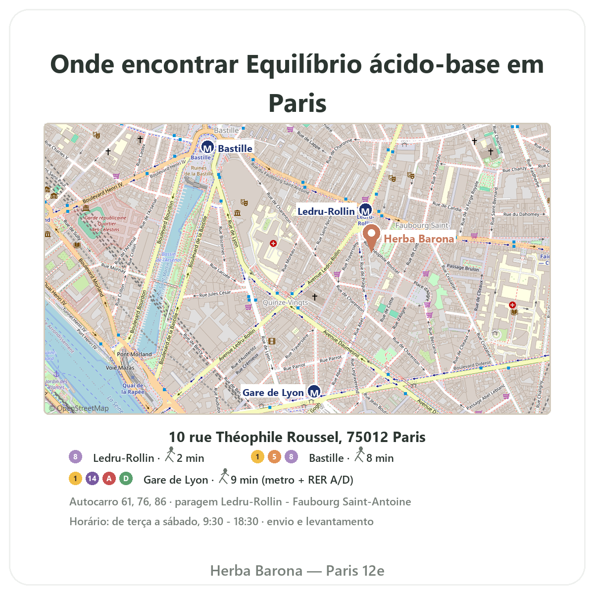 Encontrar Equilíbrio ácido-base em Paris - mapa da loja Herba Barona Paris 12e, metro Ledru-Rollin