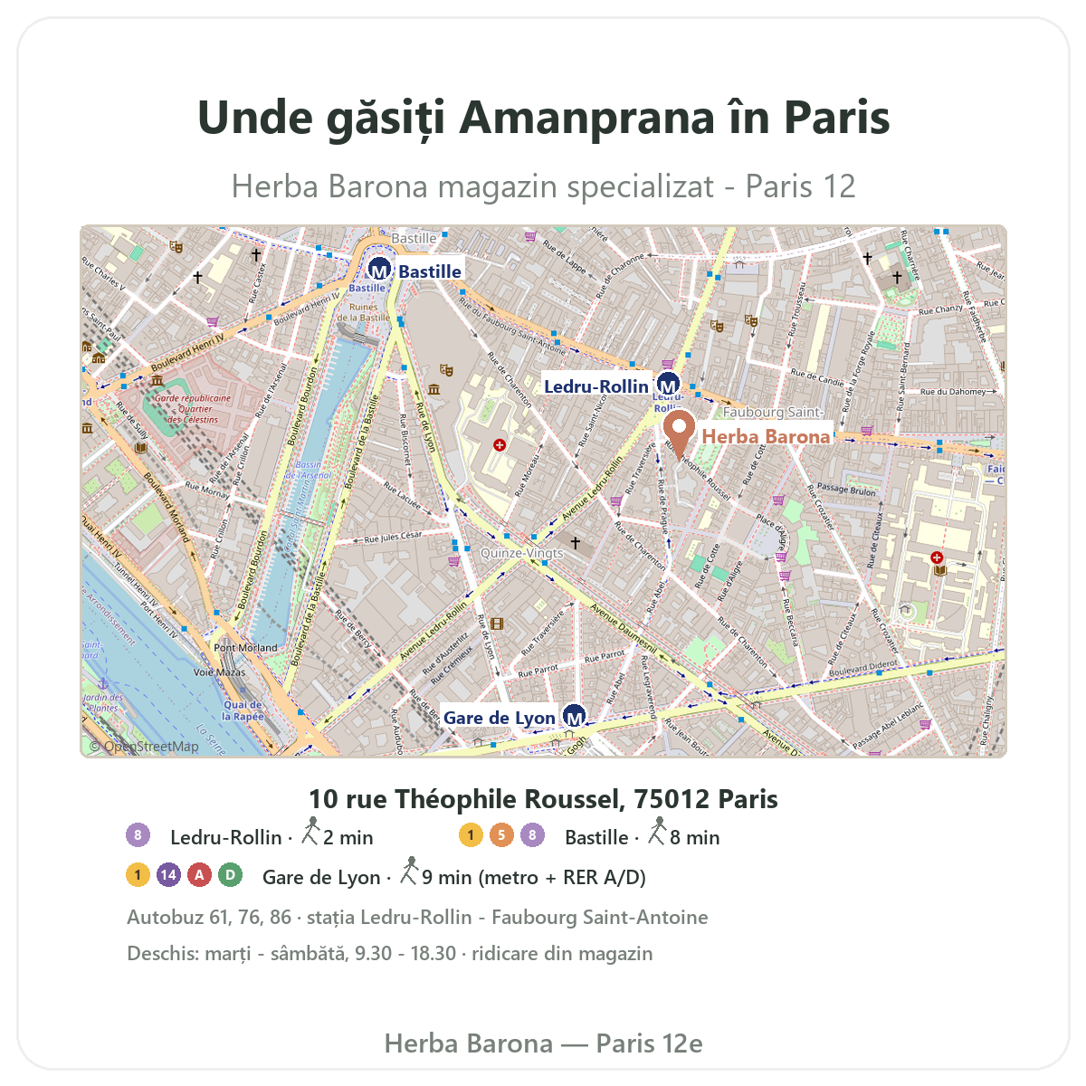Unde gasiti Amanprana la Paris - plan magazin Herba Barona Paris, arondismentul 12