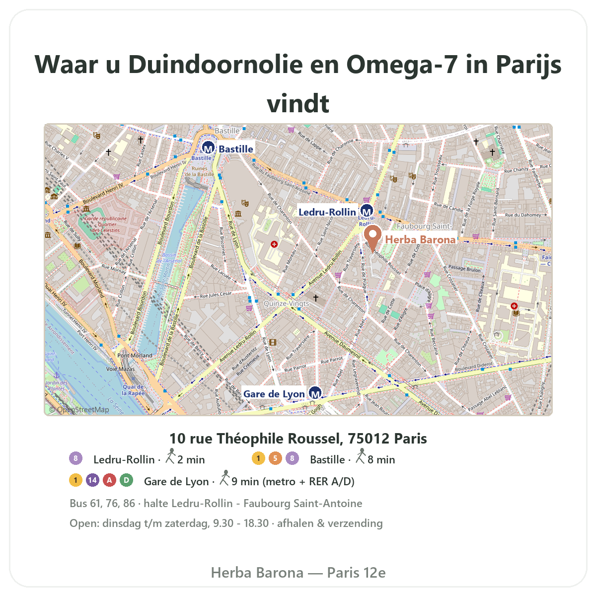 Duindoornolie omega-7 vinden in Parijs - winkelplattegrond Herba Barona Parijs 12e