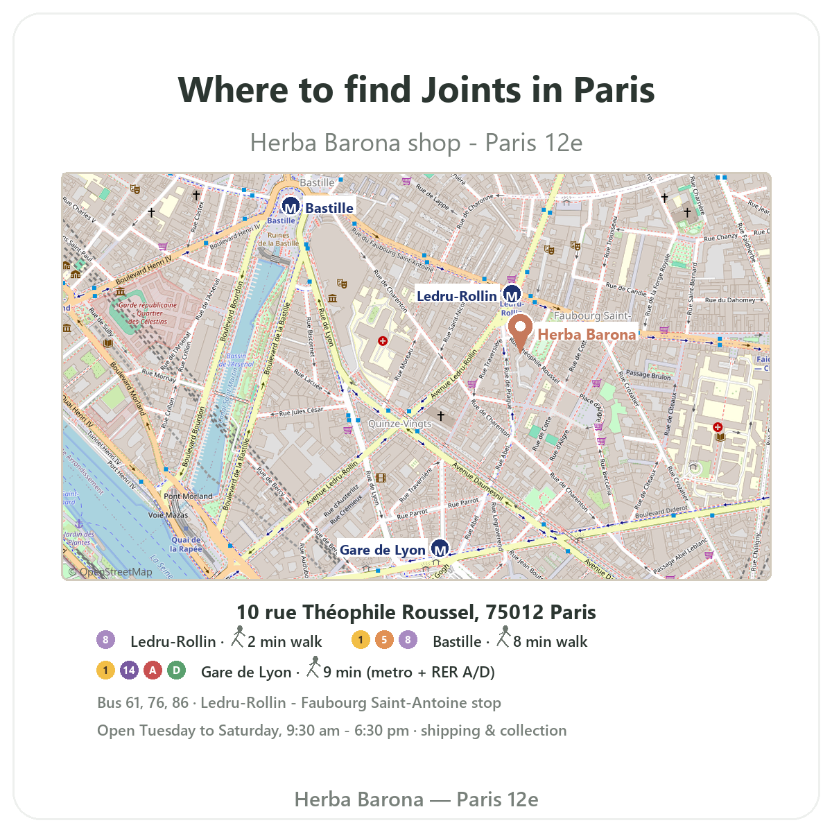 Trouver Articulations Paris a Paris - plan boutique Herba Barona Paris 12e
