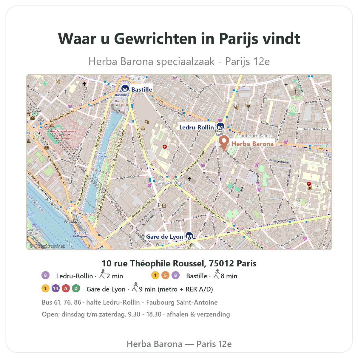 Gewrichten vinden in Parijs - plattegrond winkel Herba Barona Parijs 12e