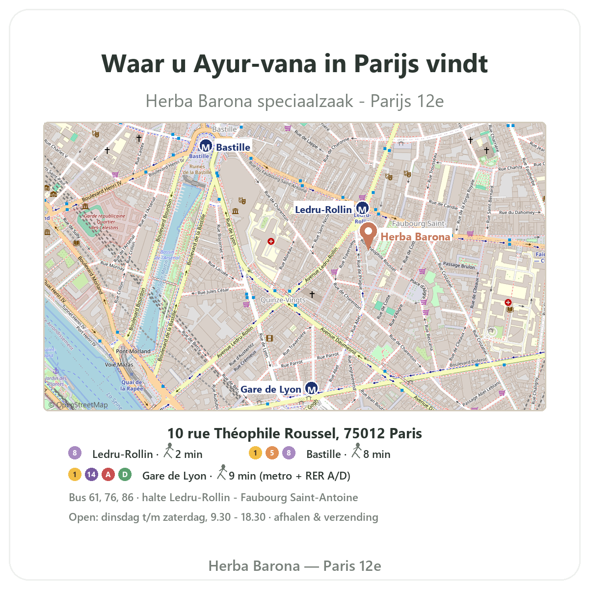 Ayur-vana vinden in Parijs - winkelplattegrond Herba Barona Parijs 12e metro Ledru-Rollin Gare de Lyon