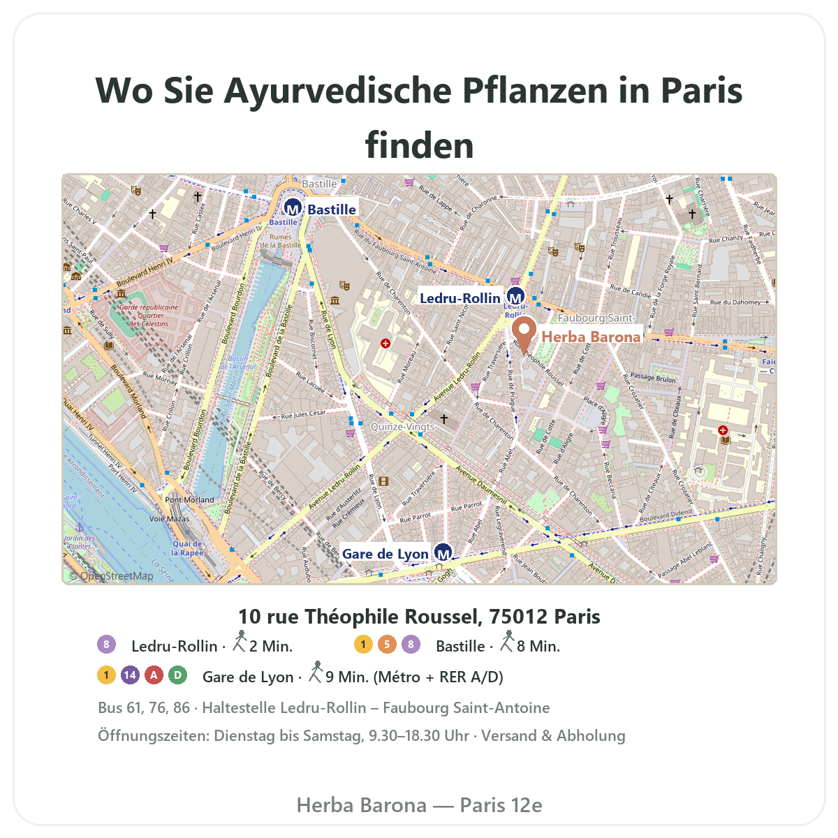Ayurvedische Pflanzen in Paris finden – Lageplan Geschäft Herba Barona Paris 12e