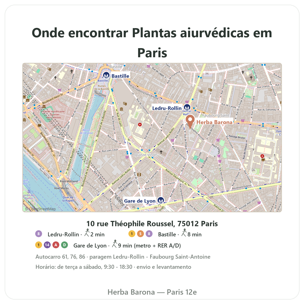 Encontrar plantas aiurvédicas em Paris - mapa da loja Herba Barona Paris 12e