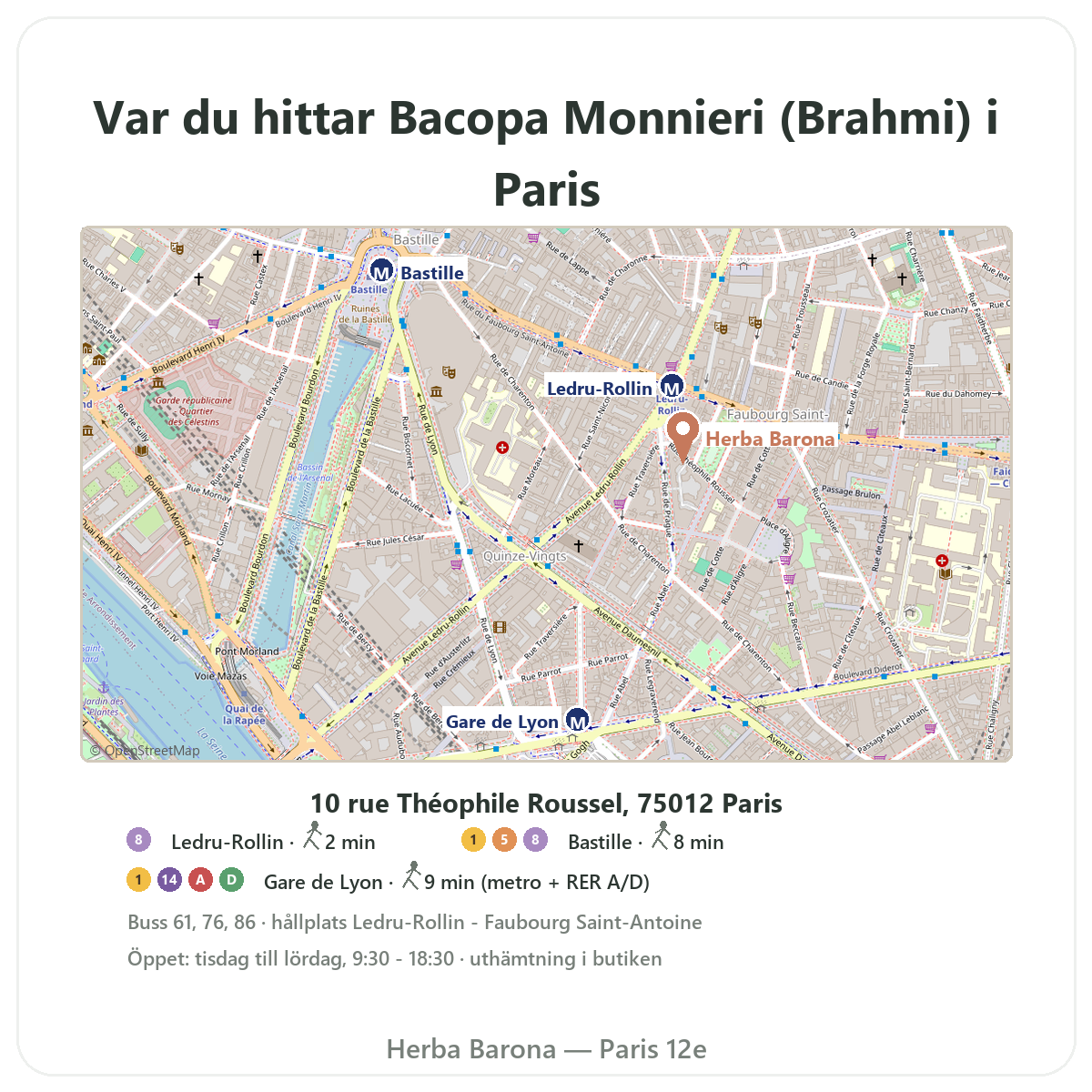 Hitta bacopa brahmi i Paris - butikskarta Herba Barona Paris 12e