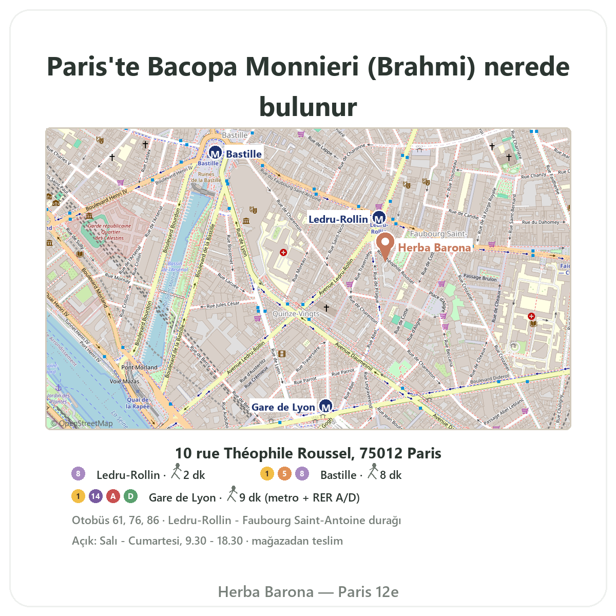 Paris’te Bacopa Brahmi nerede bulunur - mağaza planı, Herba Barona Paris 12. bölge