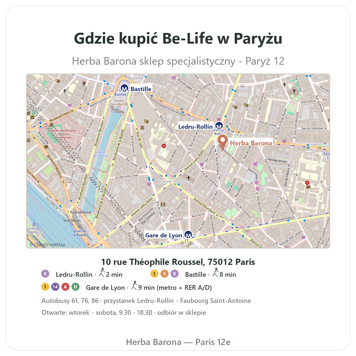Jak znaleźć Be-Life w Paryżu - plan sklepu Herba Barona Paryż 12 metro Ledru-Rollin Gare de Lyon