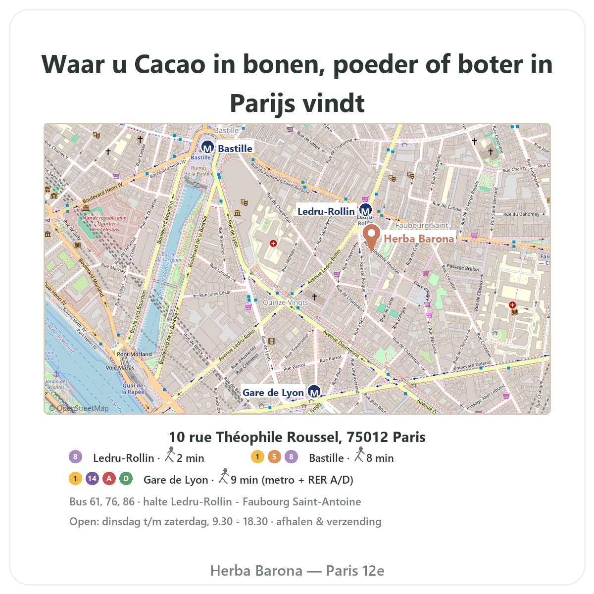 Rauwe cacao vinden in Parijs - winkelplattegrond Herba Barona Parijs 12e