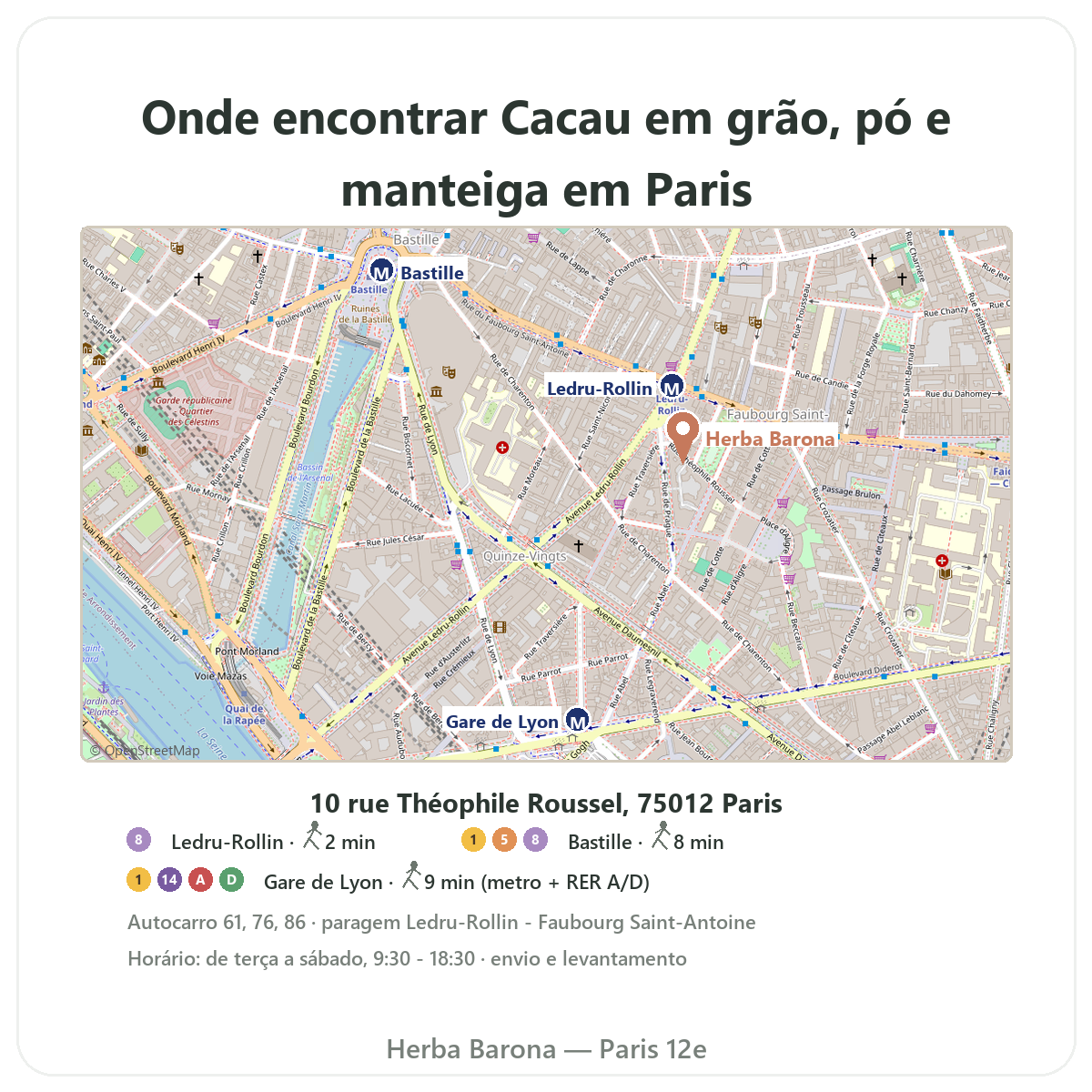 Encontrar Cacau cru Paris em Paris - planta da loja Herba Barona Paris 12e
