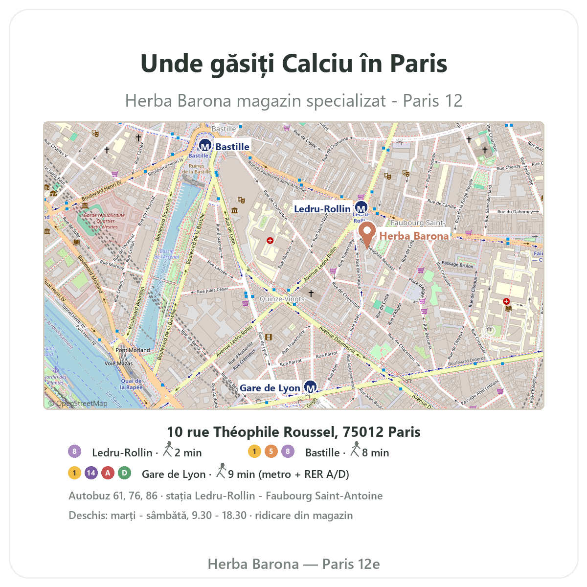 Găsiți Calciu la Paris - plan magazin Herba Barona Paris, arondismentul 12, metrou Ledru-Rollin