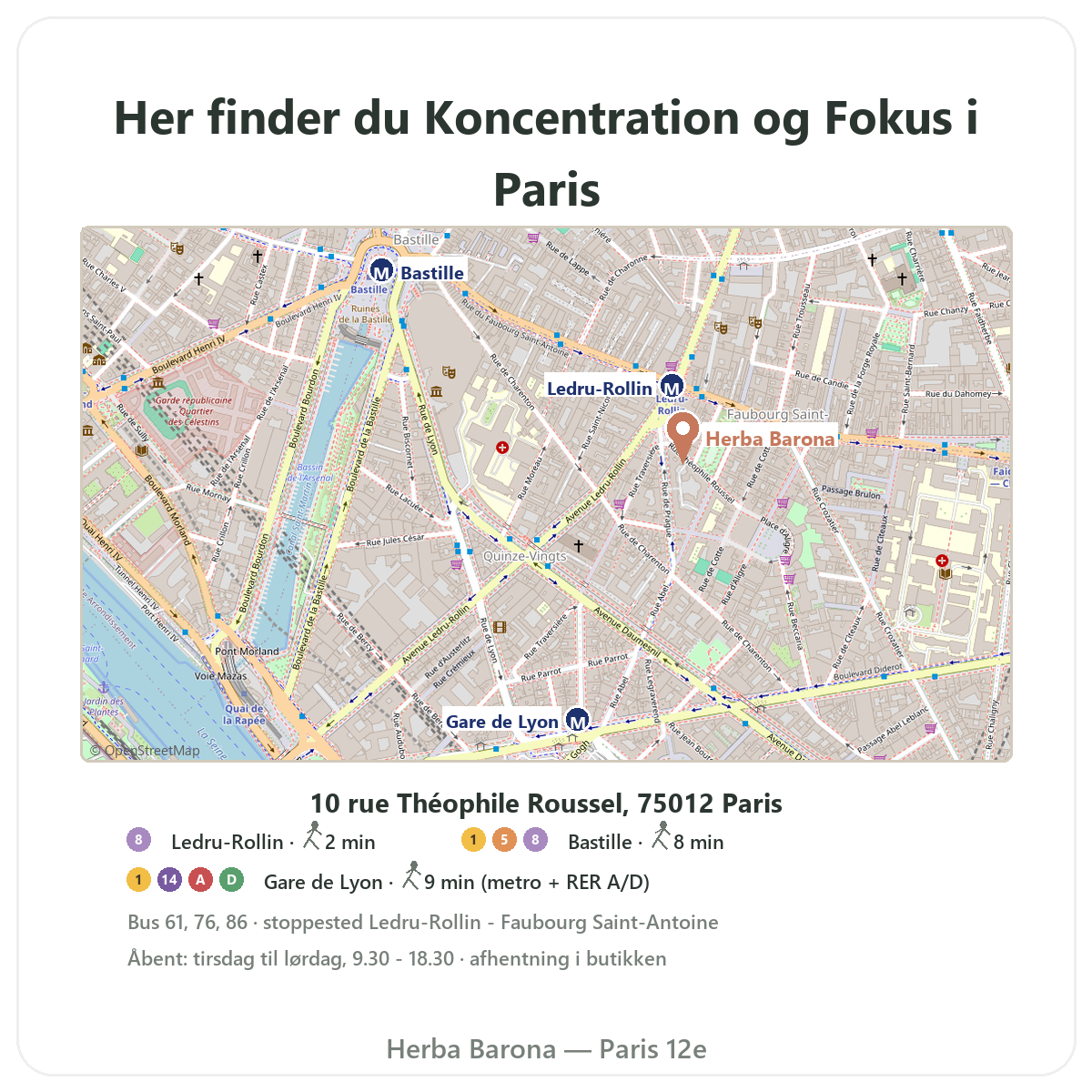 Find kosttilskud til koncentration og fokus i Paris - butiksplan Herba Barona Paris 12 metro Ledru-Rollin