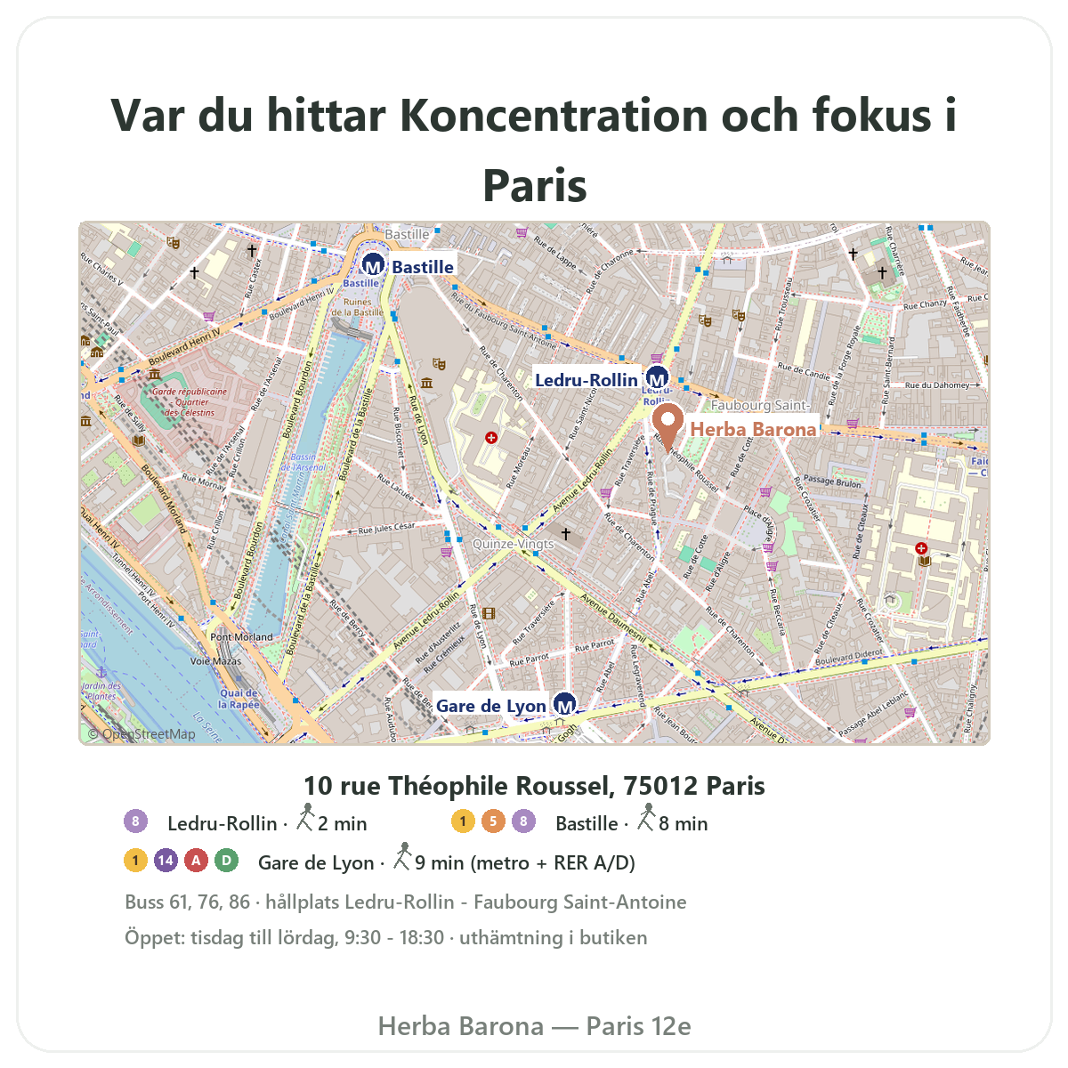 Hitta kosttillskott för koncentration och fokus i Paris - butikskarta Herba Barona Paris 12e, metro Ledru-Rollin