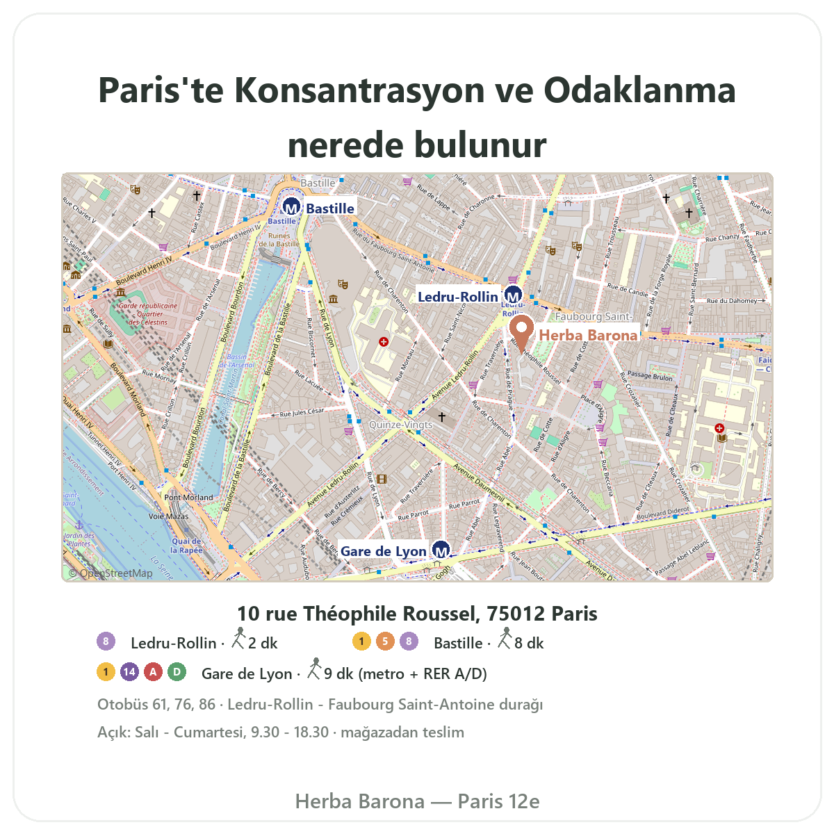 Paris’te konsantrasyon ve odaklanma takviyelerini bulun - Herba Barona Paris 12. bölge mağaza planı Ledru-Rollin metrosu