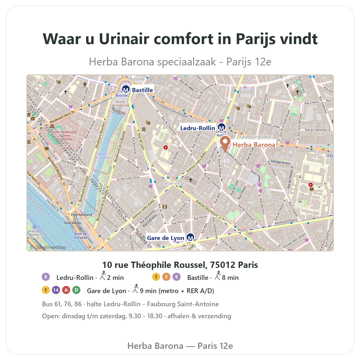 Supplementen urinair comfort vinden in Parijs - winkelplattegrond Herba Barona Parijs 12e metro Ledru-Rollin