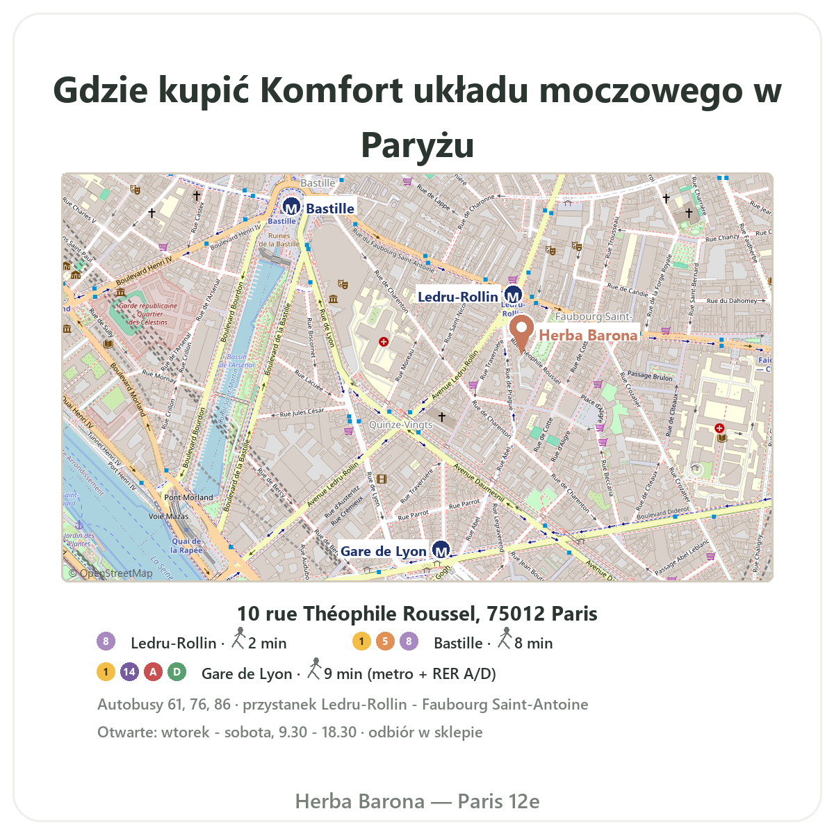Jak znaleźć suplementy na komfort układu moczowego w Herba Barona - plan sklepu Herba Barona, metro Ledru-Rollin — dostępne z wysyłką do Polski