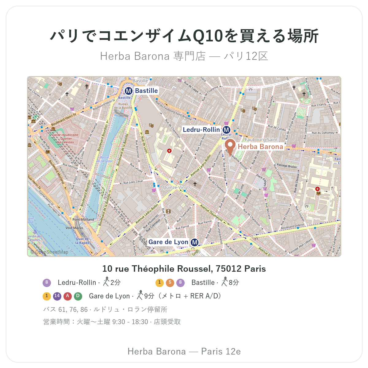 パリでコエンザイムQ10を見つける - Herba Barona パリ12区 店舗案内図