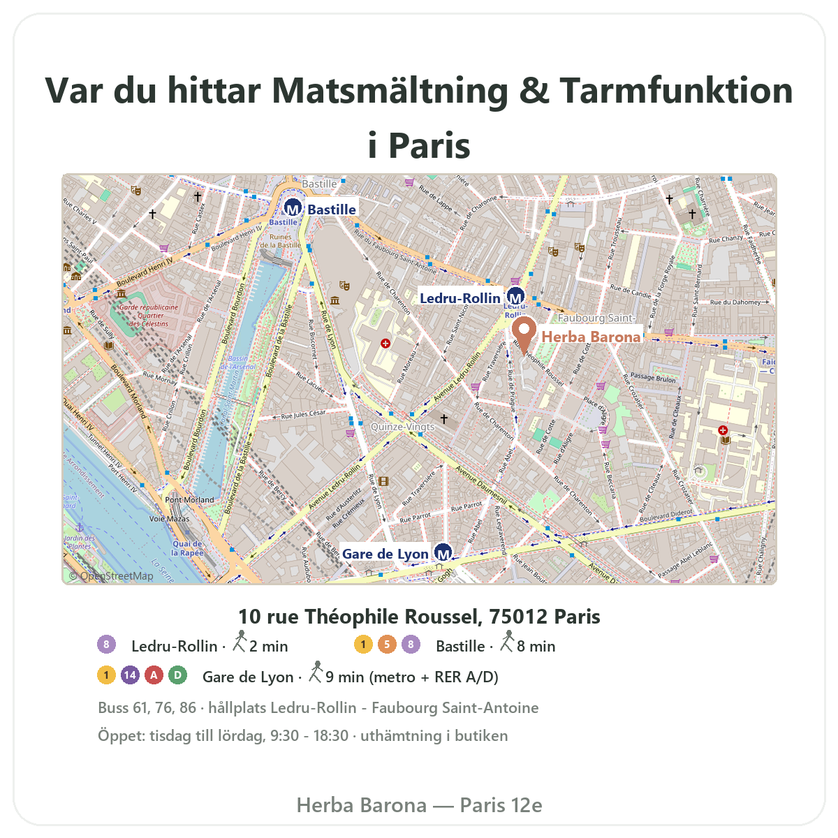Hitta matsmältnings- och tarmtillskott i Paris – karta till butiken Herba Barona Paris 12e