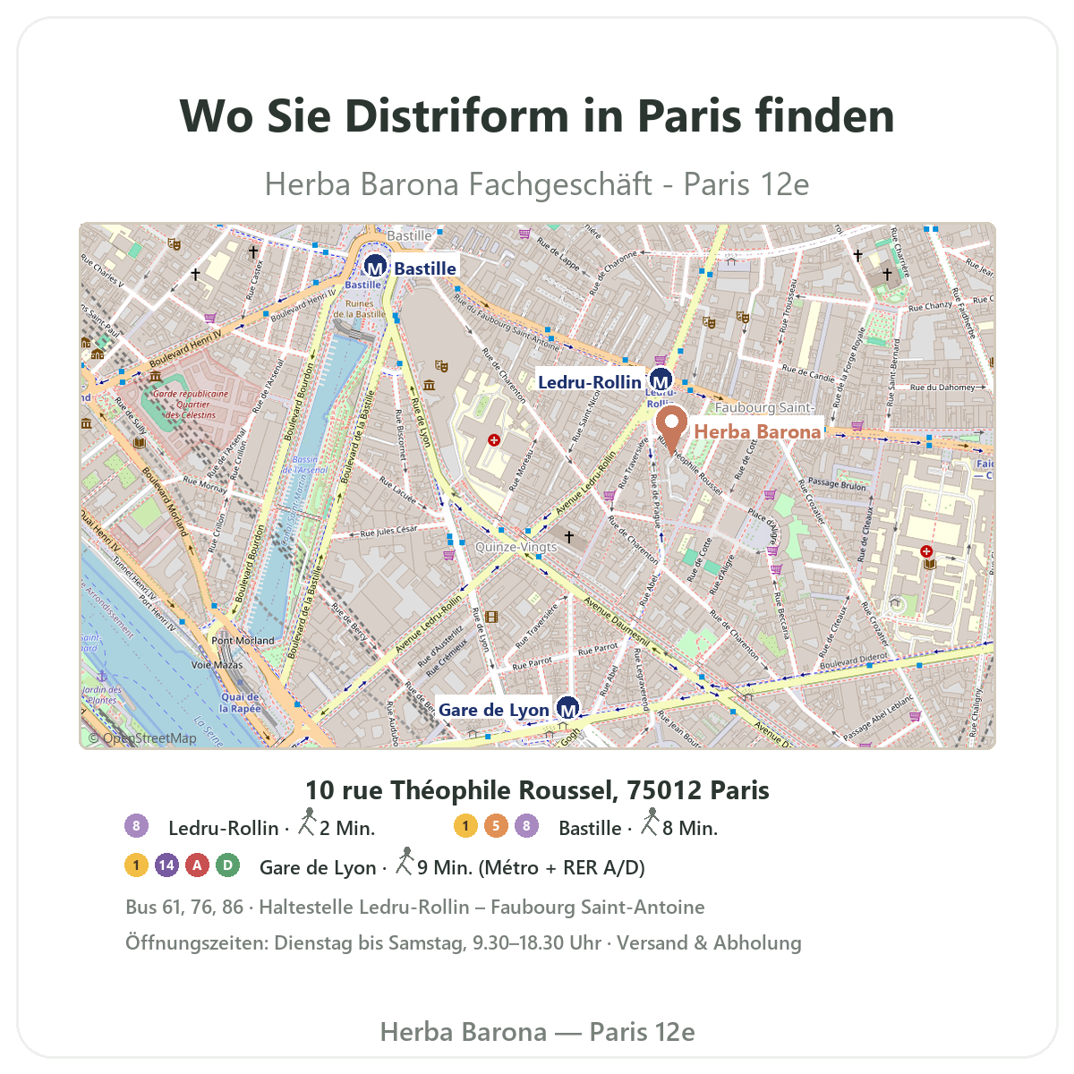 Distriform in Paris finden - Lageplan Herba Barona Paris 12e Metro Ledru-Rollin Gare de Lyon