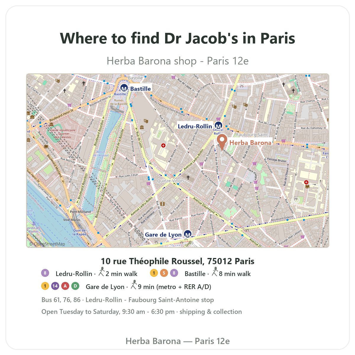 Find Dr Jacob's in Paris - shop map Herba Barona Paris 12th
