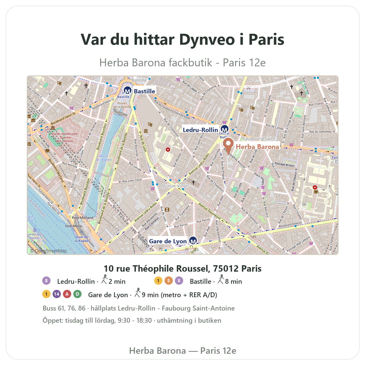 Hitta Dynveo i Paris - karta till butiken Herba Barona Paris 12e, metro Ledru-Rollin Gare de Lyon