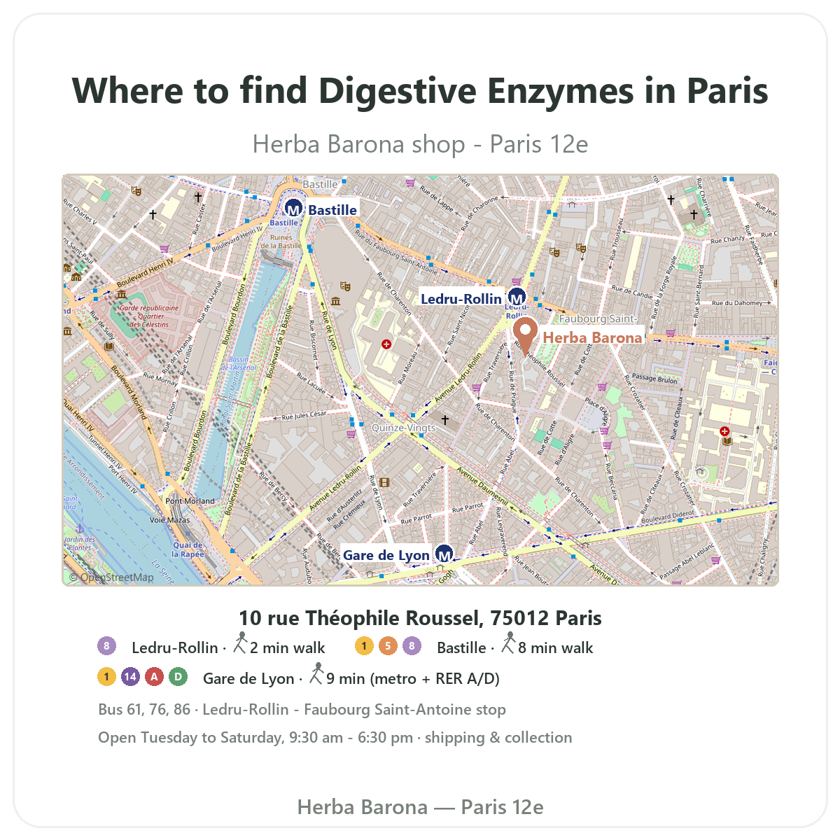 Find digestive enzymes in Paris - map to Herba Barona shop Paris 12th, Ledru-Rollin metro