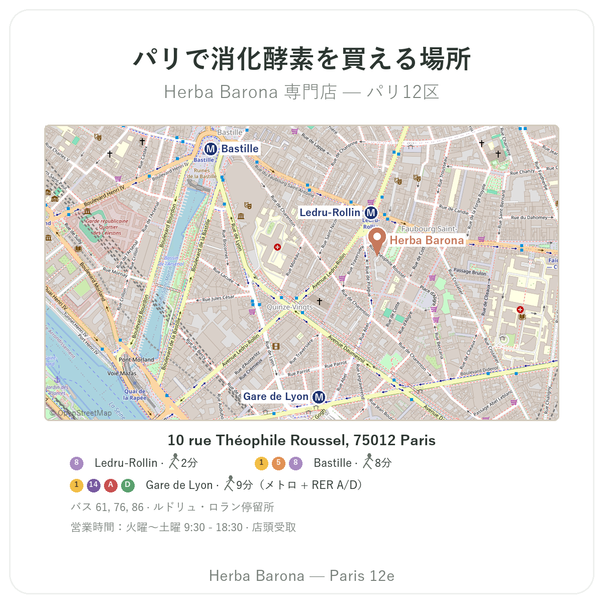 パリで消化酵素を見つける - Herba Baronaパリ12区の店舗案内 メトロLedru-Rollin駅