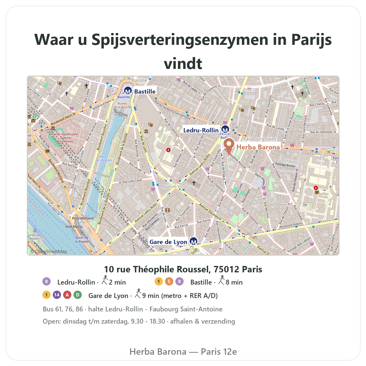 Spijsverteringsenzymen vinden in Parijs - plattegrond winkel Herba Barona Parijs metro Ledru-Rollin