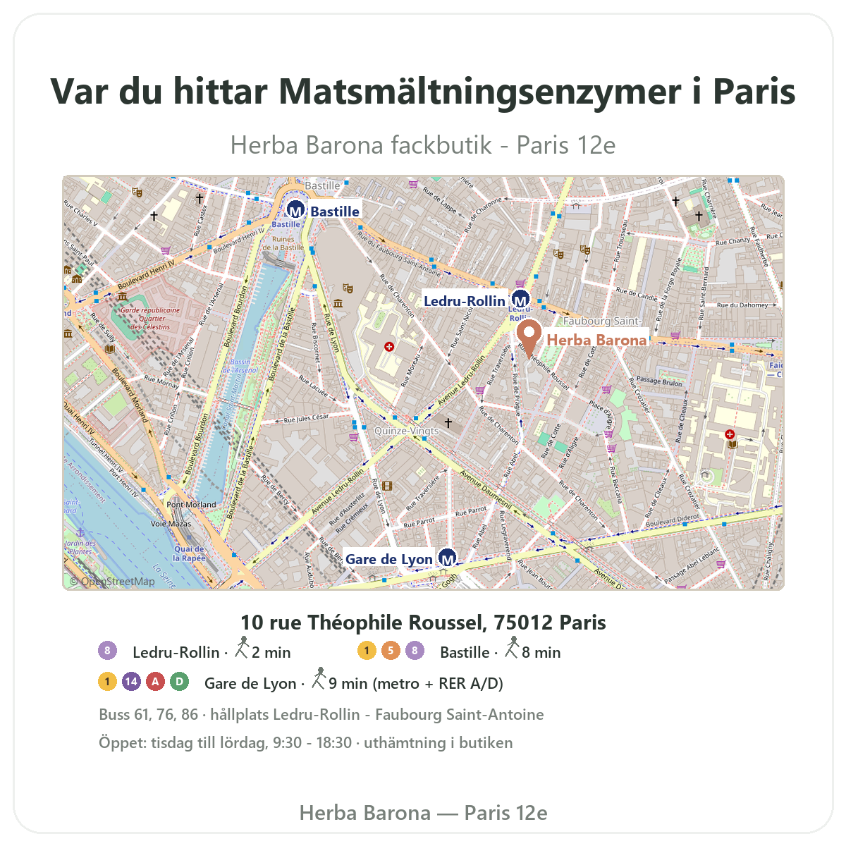 Hitta matsmältningsenzymer i Paris - butikskarta Herba Barona Paris 12e, metro Ledru-Rollin