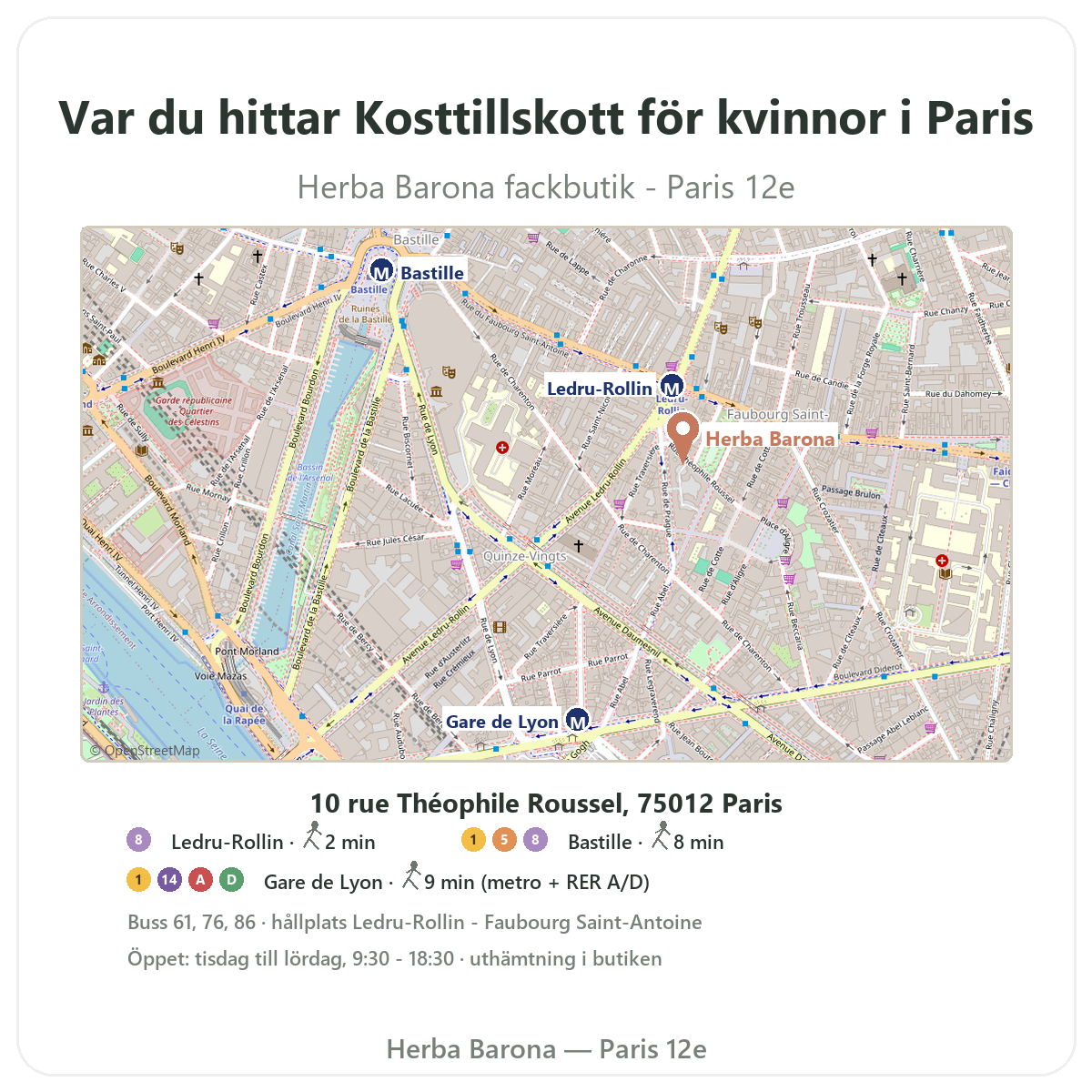 Hitta Kosttillskott för kvinnor Paris i Paris - butikskarta Herba Barona Paris 12e