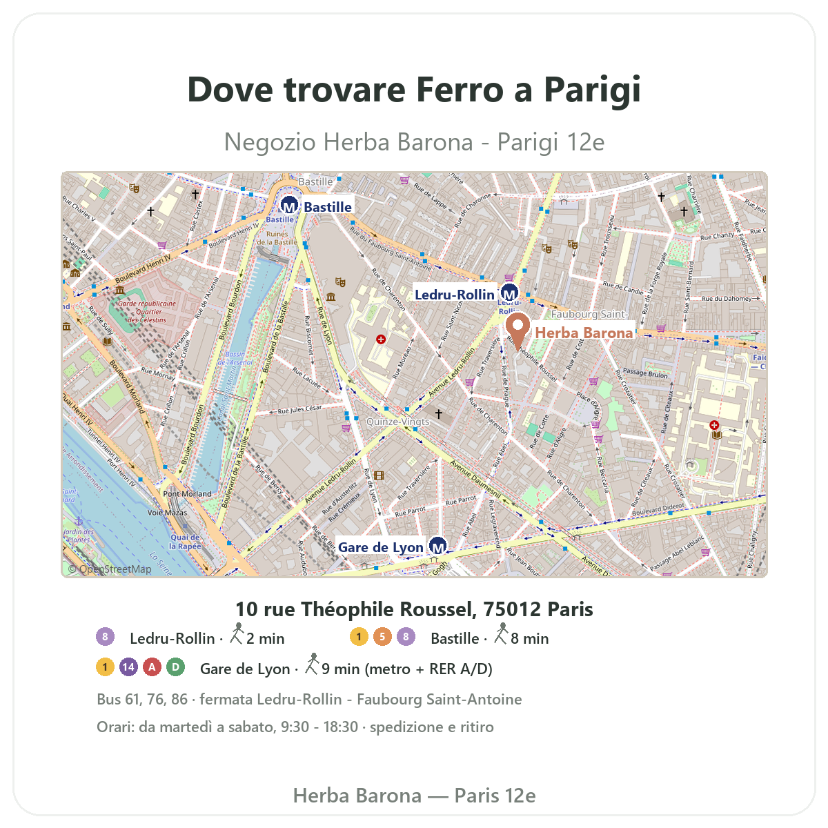 Trovare il Ferro a Parigi - mappa del negozio Herba Barona Parigi 12e metro Ledru-Rollin