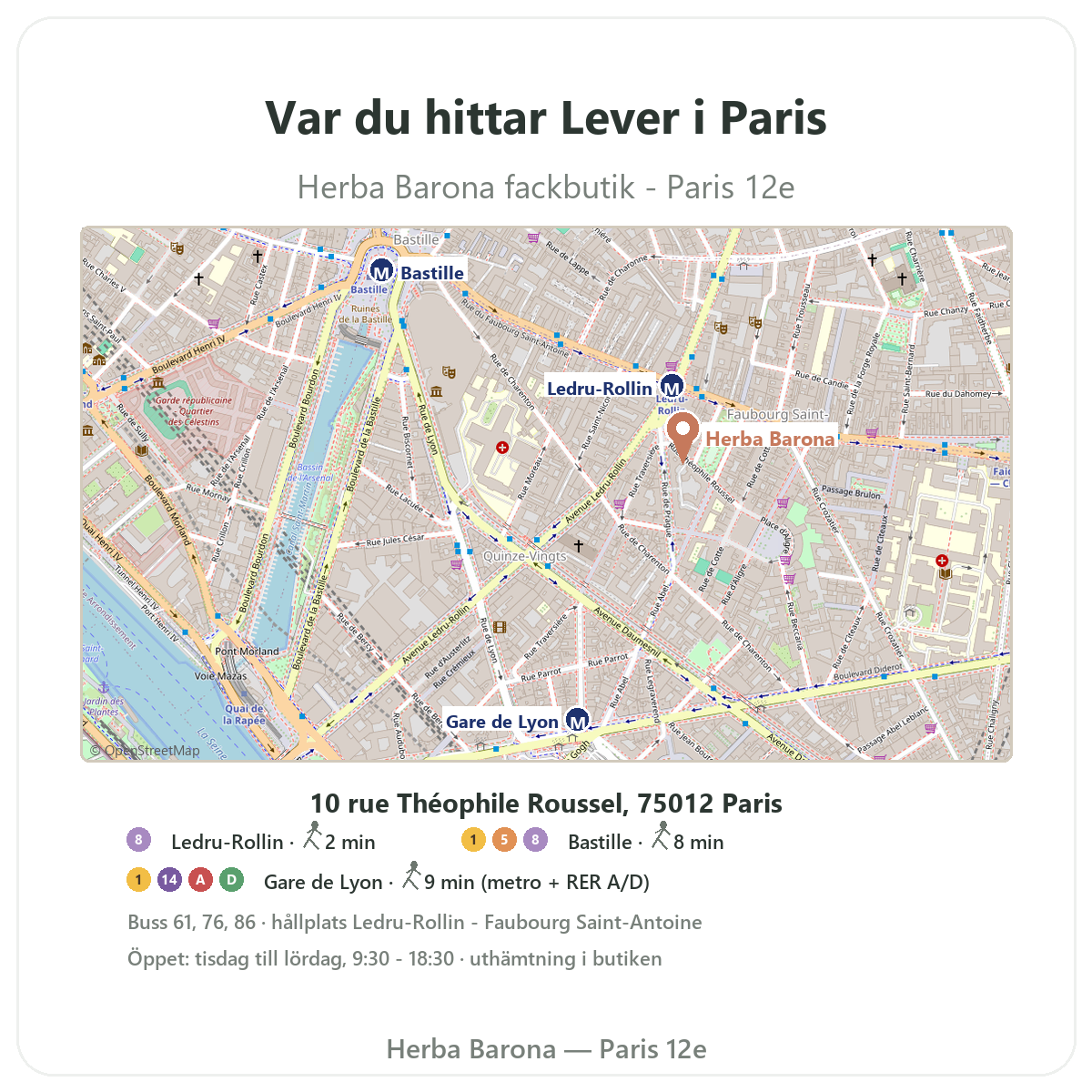 Hitta levertillskott i Paris - karta till butiken Herba Barona Paris 12e, métro Ledru-Rollin