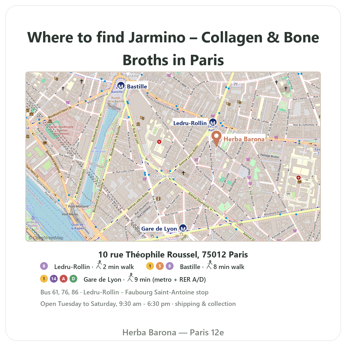 Find Jarmino in Paris - shop map, Herba Barona Paris 12th, metro Ledru-Rollin, Gare de Lyon
