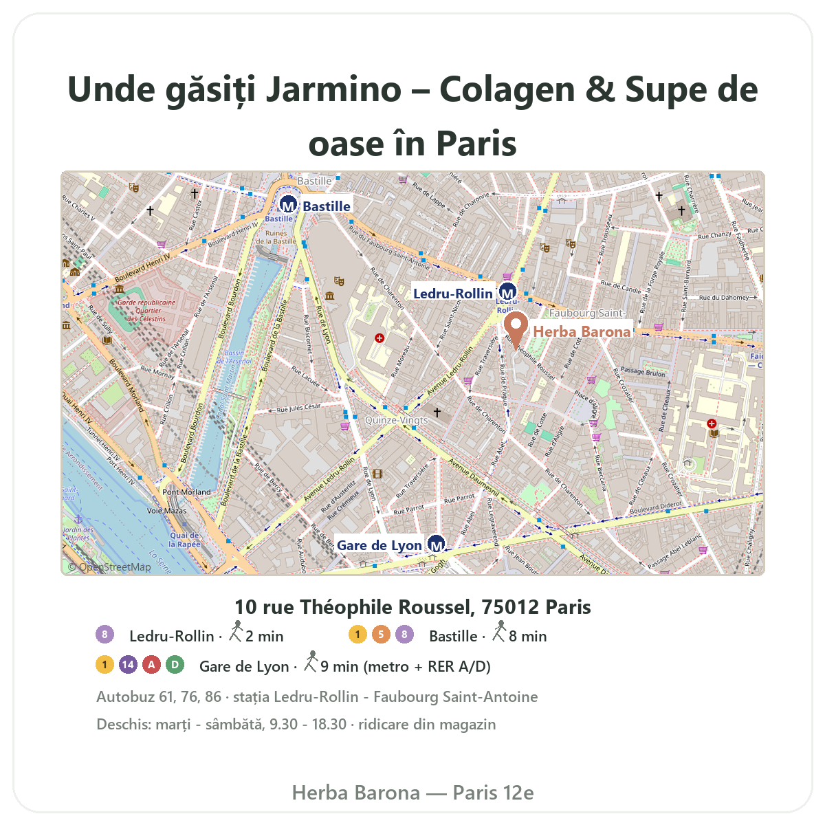 Cum găsiți Jarmino la Paris - plan magazin Herba Barona Paris, arondismentul 12, metrou Ledru-Rollin, Gare de Lyon