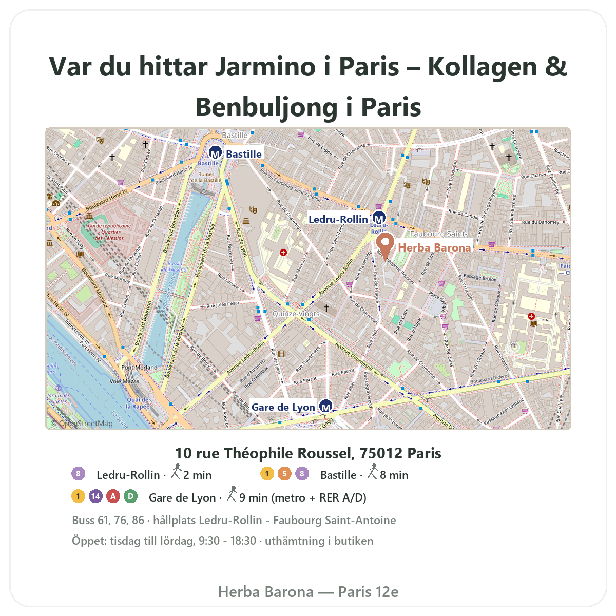 Hitta Jarmino i Paris - karta till butiken Herba Barona Paris 12e, métro Ledru-Rollin Gare de Lyon
