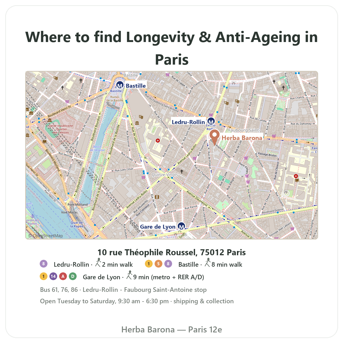 Find longevity and anti-ageing supplements in Paris - shop map Herba Barona Paris 12th, Ledru-Rollin metro