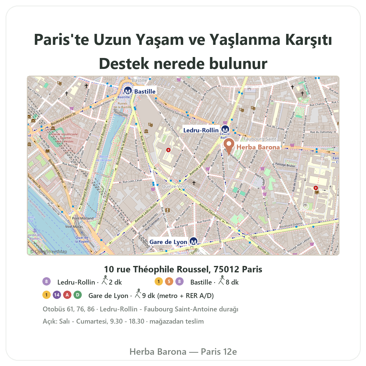 Paris’te uzun yaşam ve yaşlanma karşıtı takviyeleri bulun - Herba Barona Paris 12e mağaza planı, Ledru-Rollin metrosu