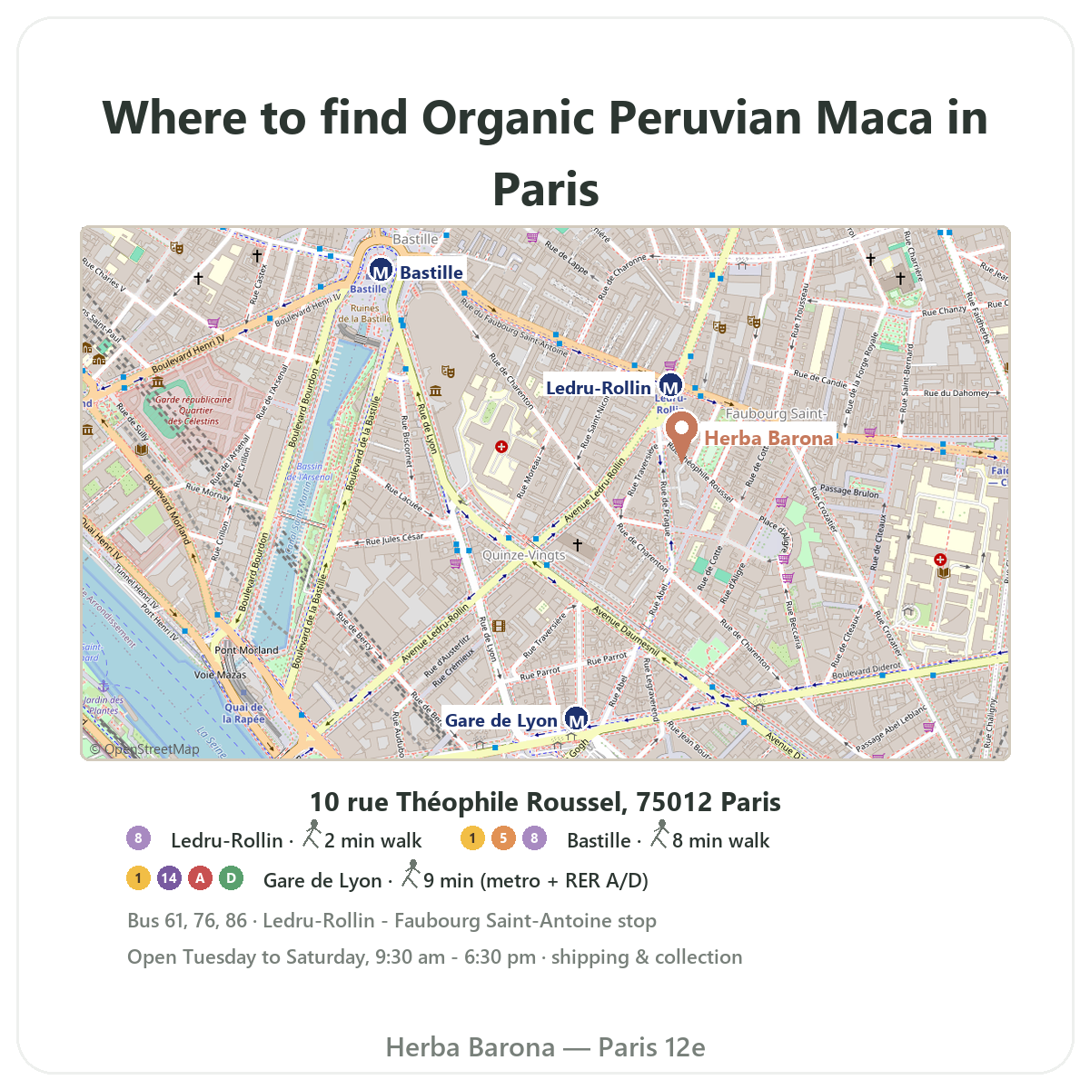 Find organic Peruvian maca in Paris - shop map Herba Barona Paris 12th