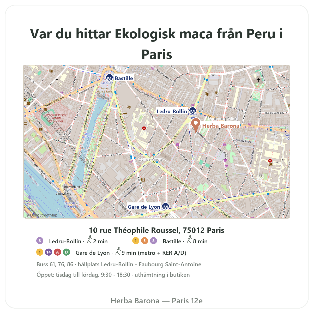 Hitta ekologisk maca Peru i Paris - butikskarta Herba Barona Paris 12e