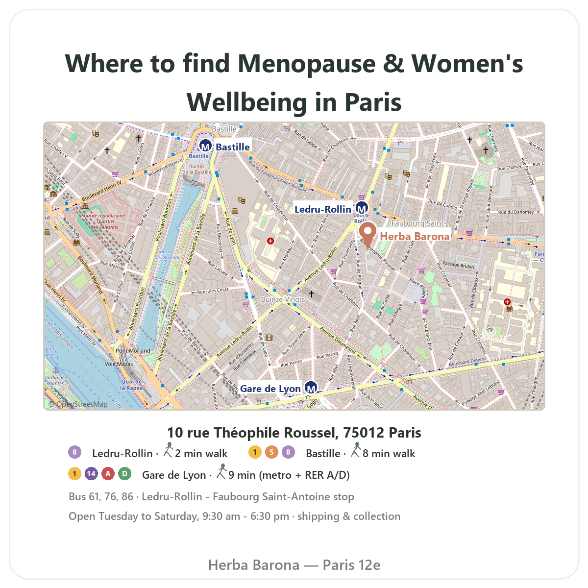 Find menopause supplements in Paris - shop map, Herba Barona Paris 12e, Ledru-Rollin metro
