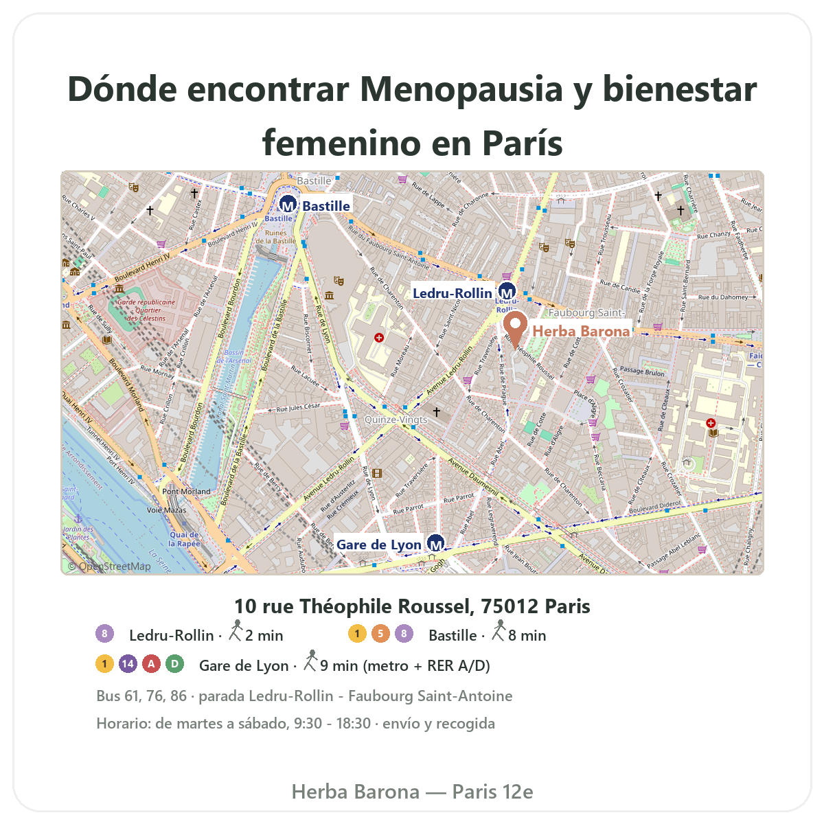 Encontrar complementos menopausia en París - plano de la tienda Herba Barona París 12e metro Ledru-Rollin