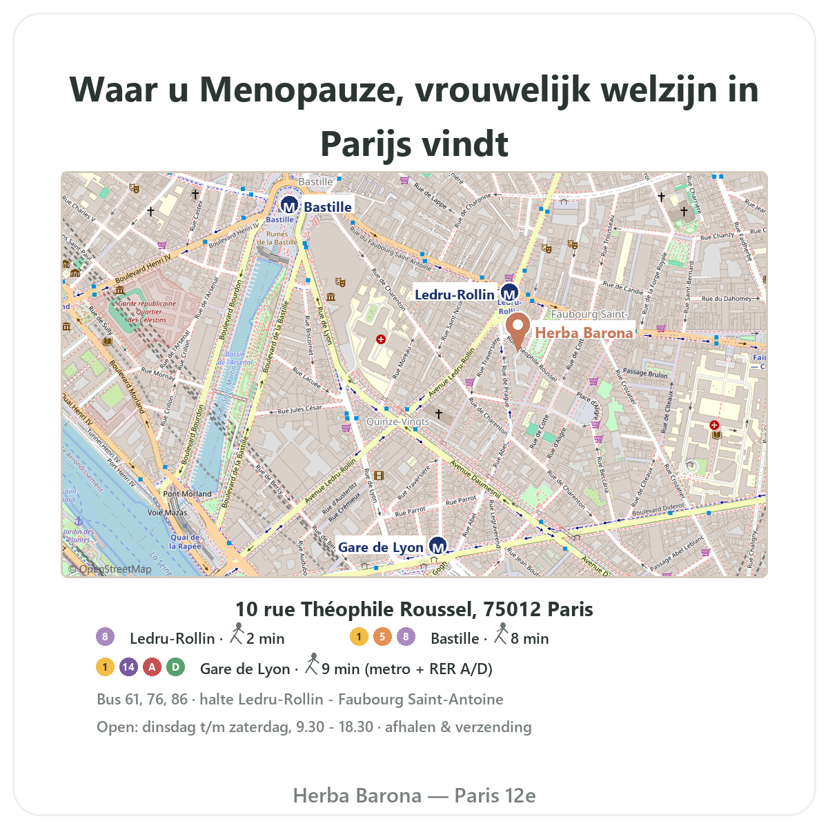 Menopauze-supplementen vinden in Parijs - plattegrond winkel Herba Barona Parijs 12e metro Ledru-Rollin