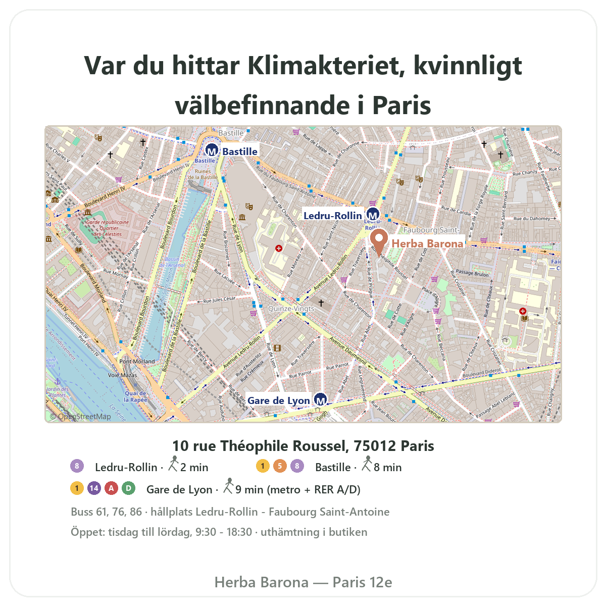 Hitta kosttillskott för klimakteriet i Paris - butikskarta Herba Barona Paris 12e, métro Ledru-Rollin