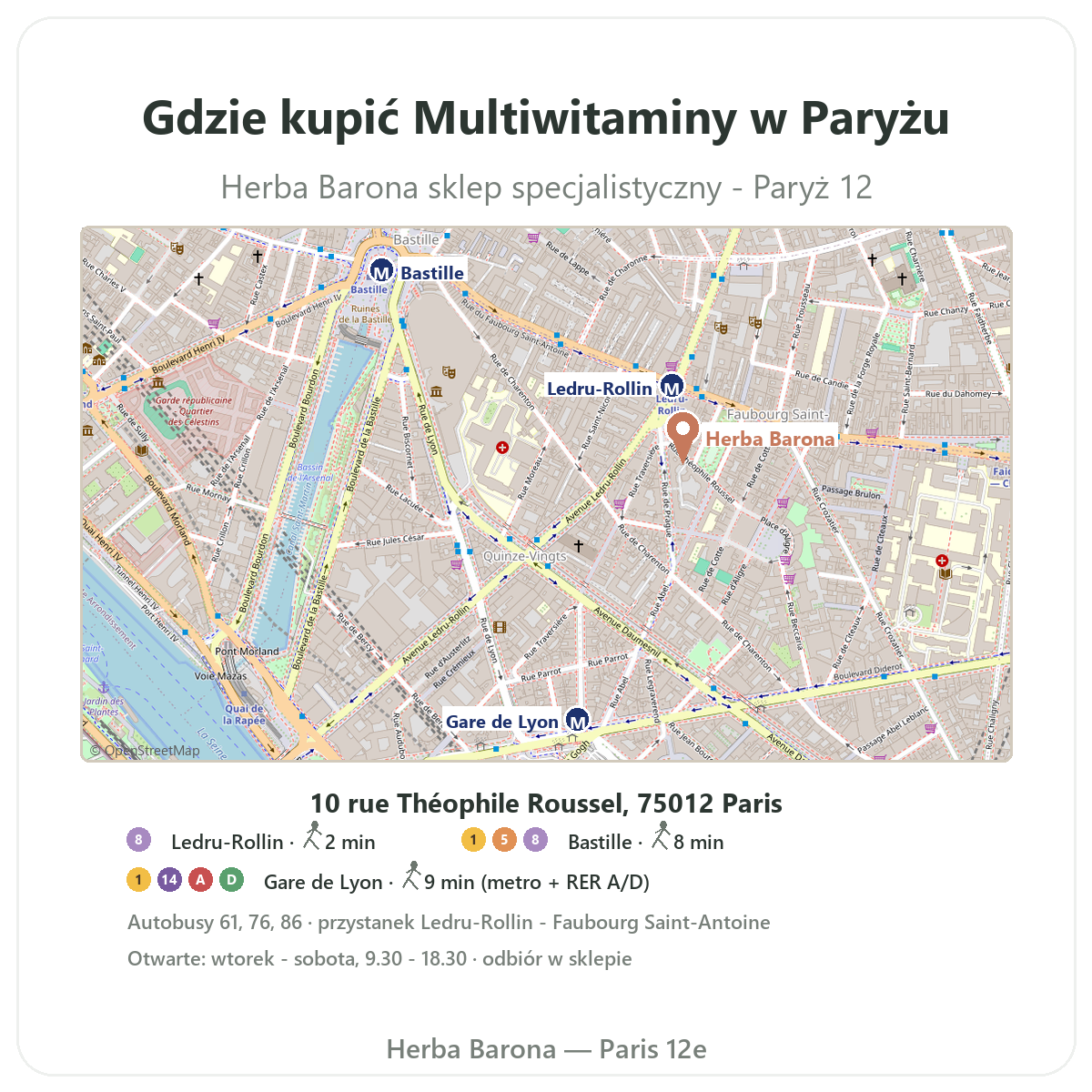 Jak znaleźć multiwitaminy w Paryżu – plan sklepu Herba Barona, Paryż 12 (metro Ledru-Rollin)
