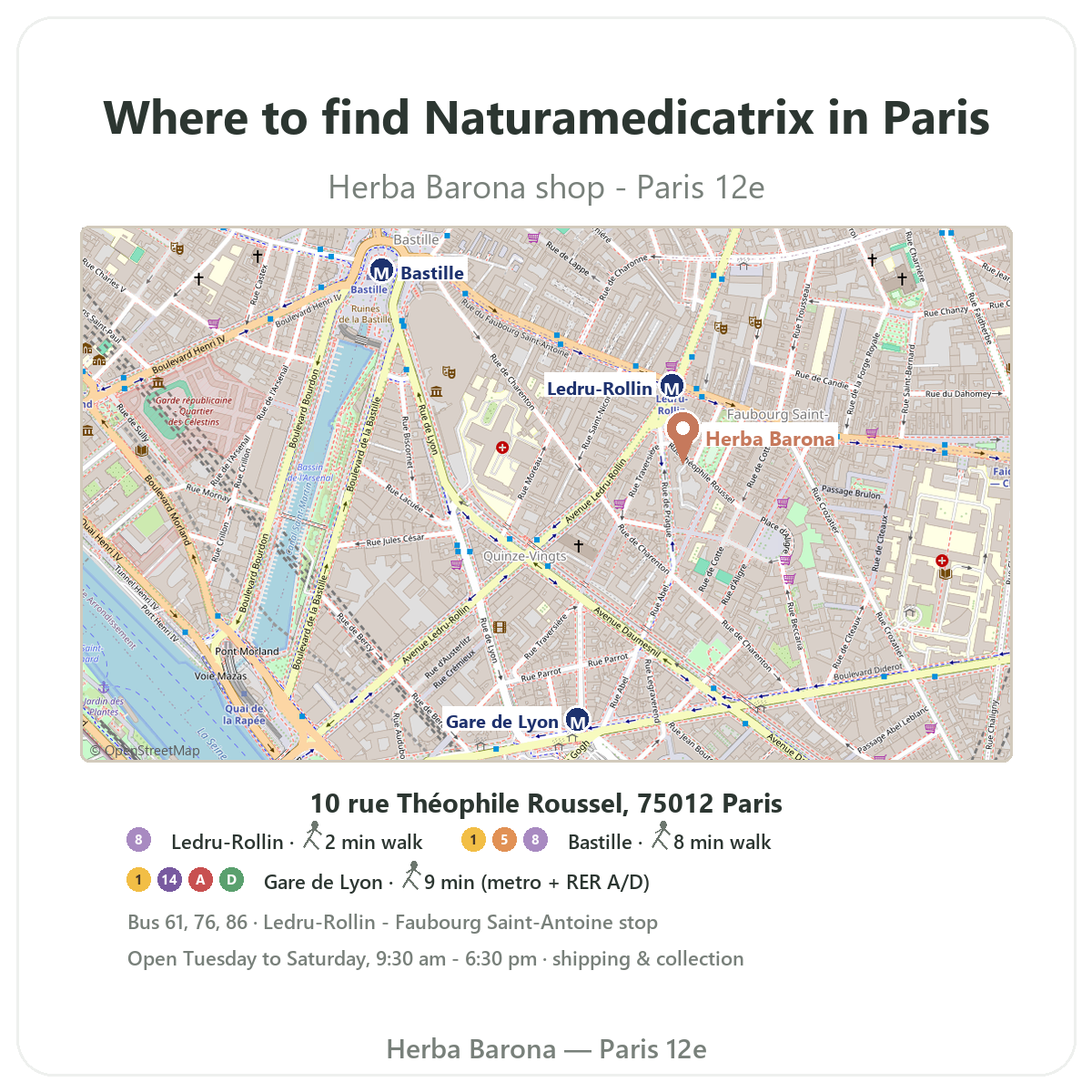 Find Naturamedicatrix in Paris - map to Herba Barona shop Paris 12th
