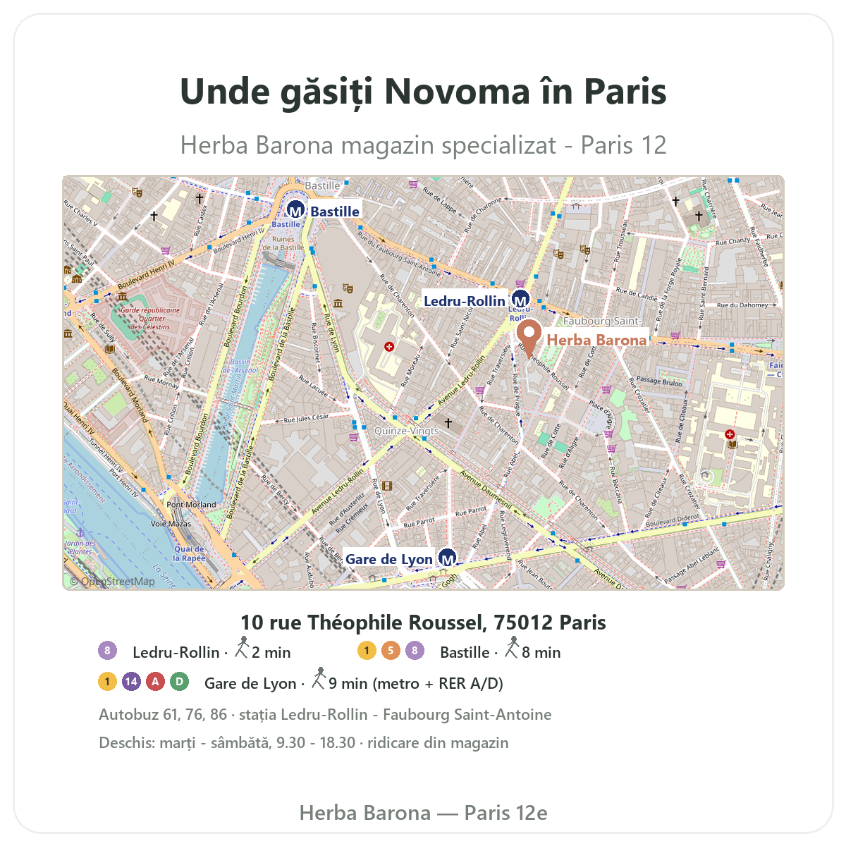 Găsiți Novoma la Paris - planul magazinului Herba Barona, Paris, arondismentul 12, metrou Ledru-Rollin, Gare de Lyon