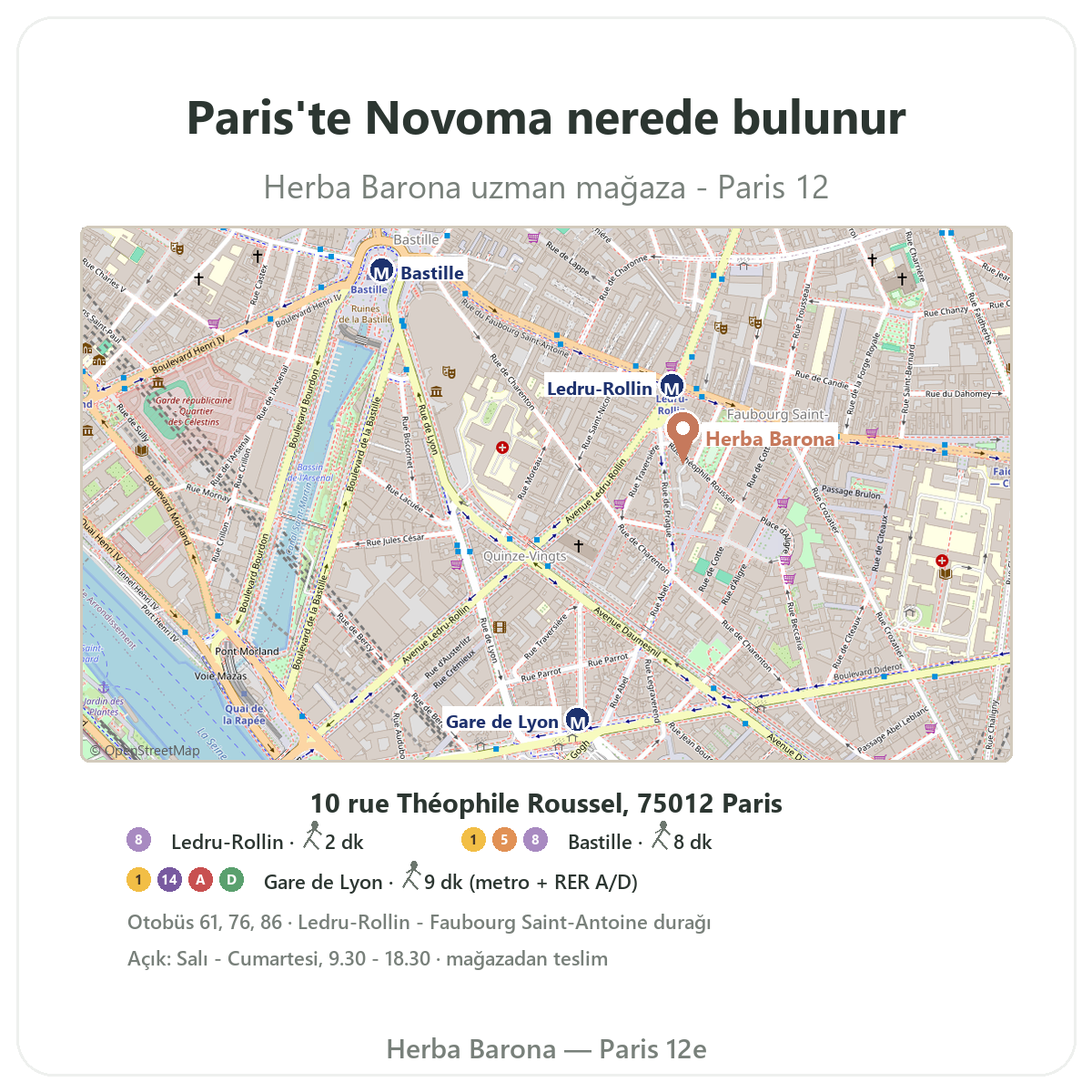 Paris’te Novoma bulun - Herba Barona Paris 12. bölge mağaza planı, Ledru-Rollin, Gare de Lyon metrosu