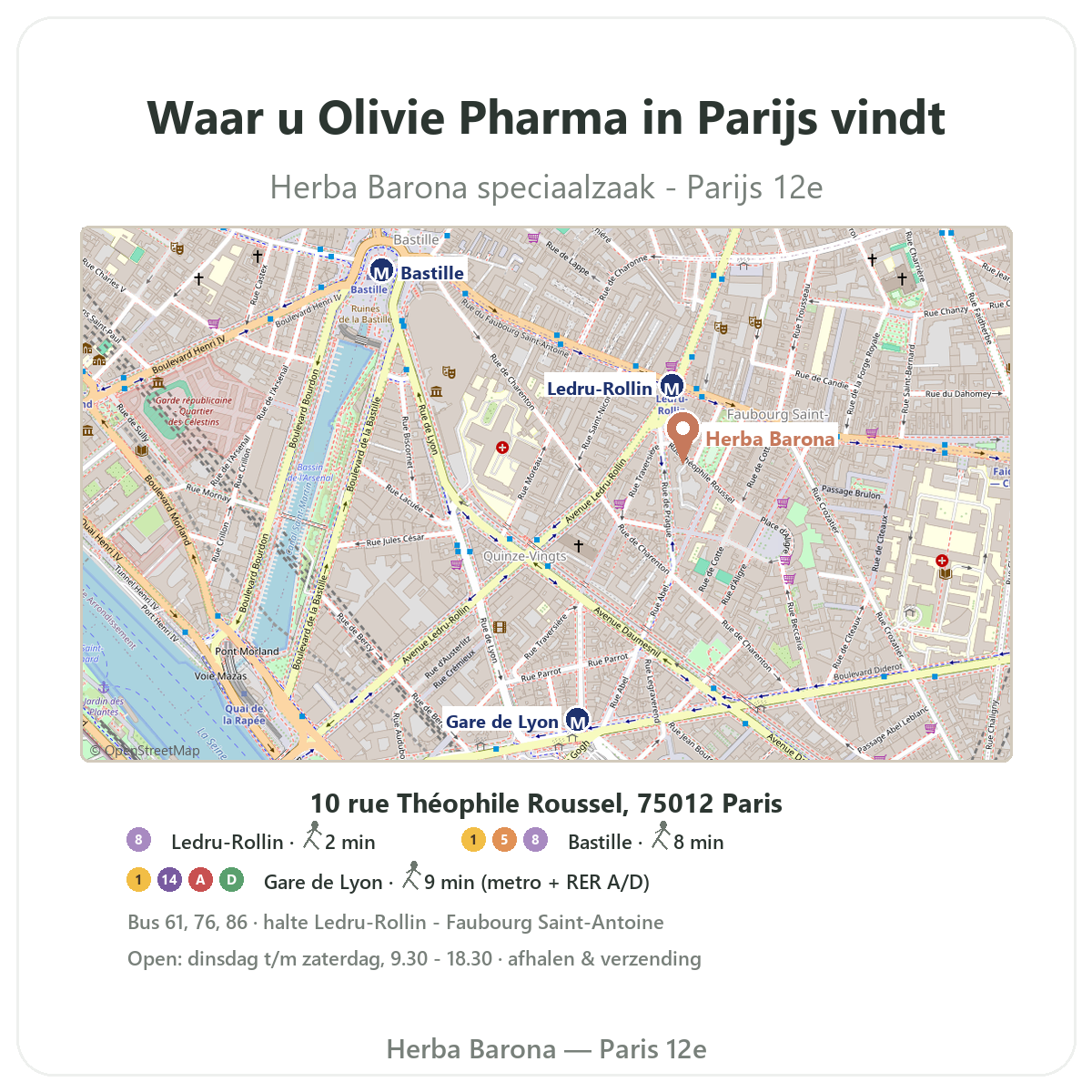 Olivie Pharma vinden in Parijs - plattegrond winkel Herba Barona Parijs 12e