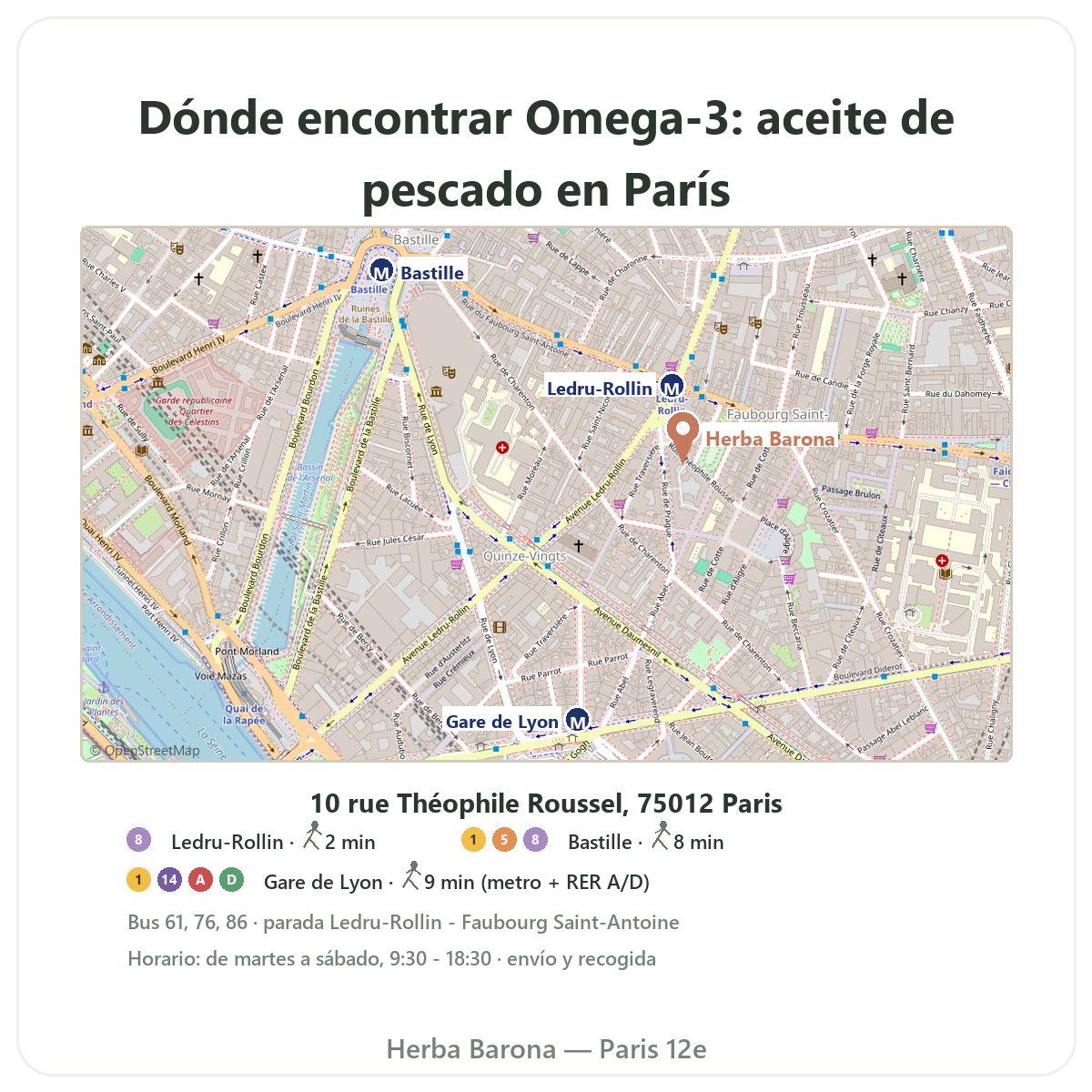 Encontrar omega 3 en París - plano de la tienda Herba Barona Paris 12e